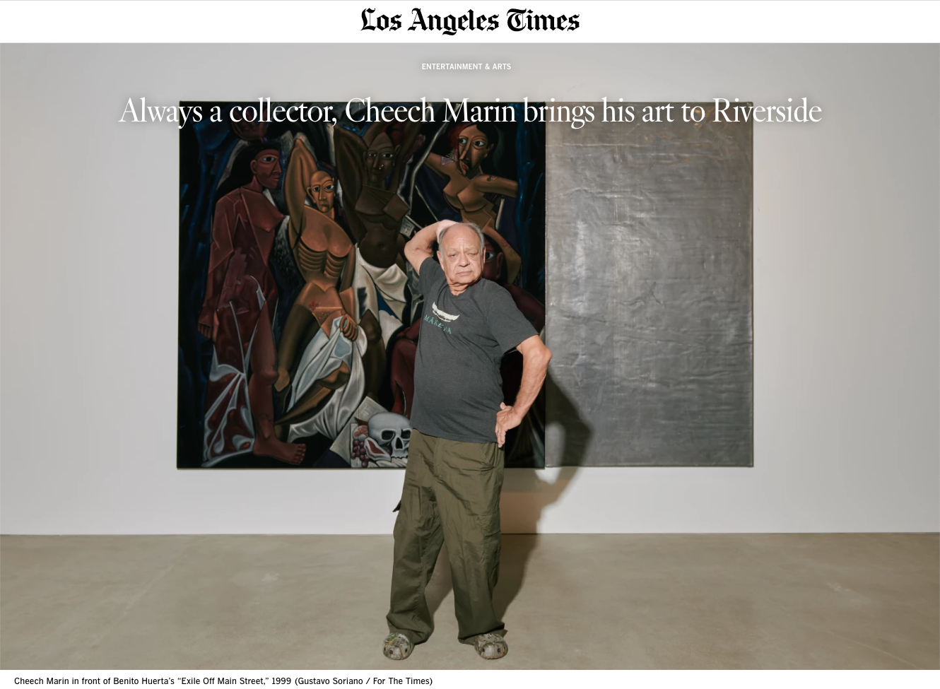 Cheech Marin in front of Benito Huerta’s “Exile Off Main Street,” 1999(Gustavo Soriano / For The Times)